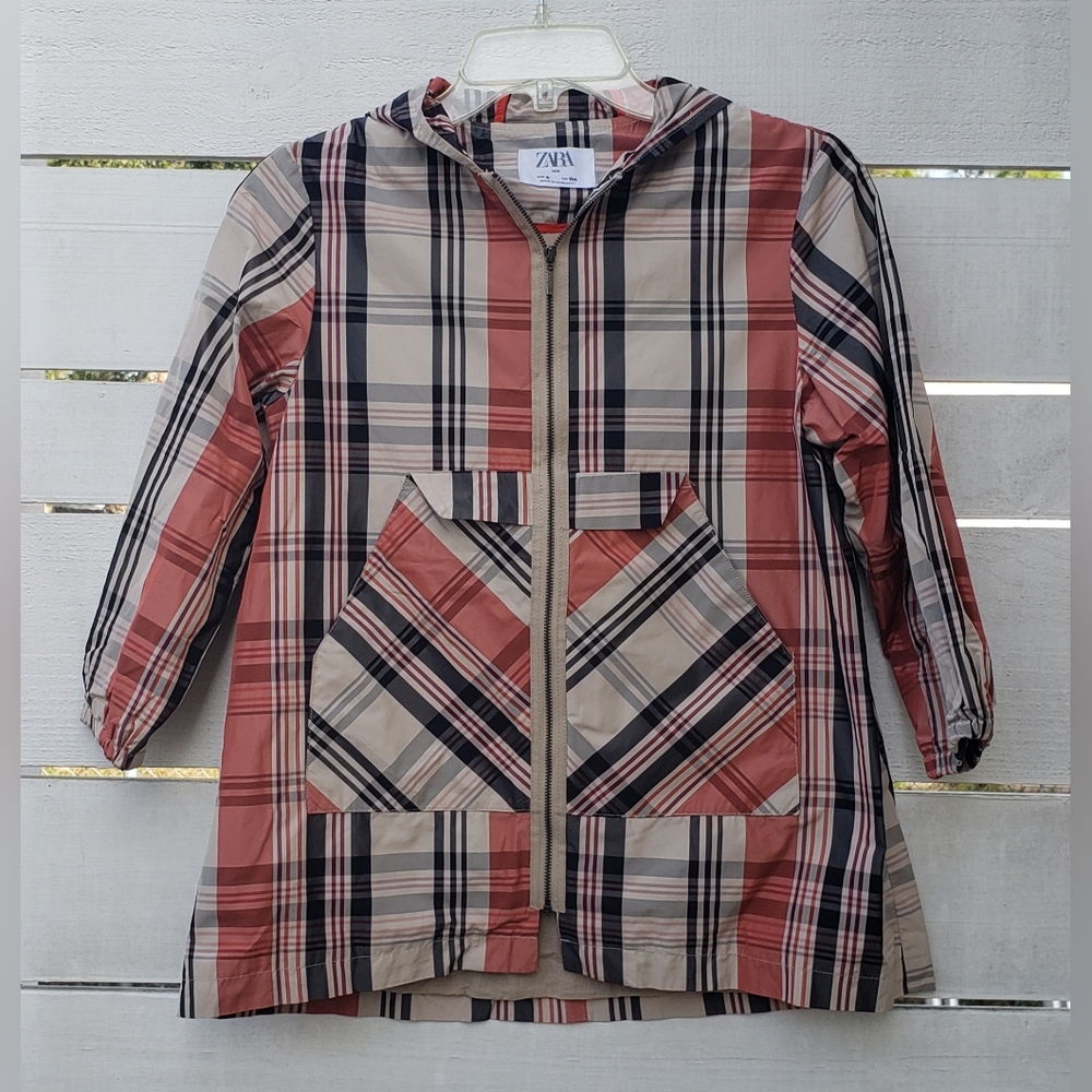 ZARA Kids Windbreaker Jacket Size 9 CM 134 Plaid Hooded Coat w/ Full Zip Pockets